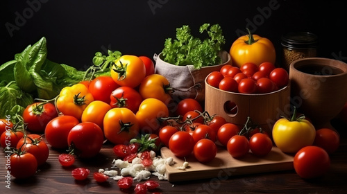 Ripe tomatoes of different variety  red and yellow  cherry and large on a wooden table.