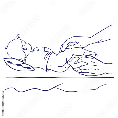 Baby showing his ass and hand holds the enema for a child medicine, hand holding an enema syringe. Pencil drawing on a theme medicine.