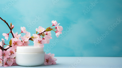 Romantic mockup with pink sakura blossom branches on blue background. Cosmetic product mockup with cherry blossom. Generation AI