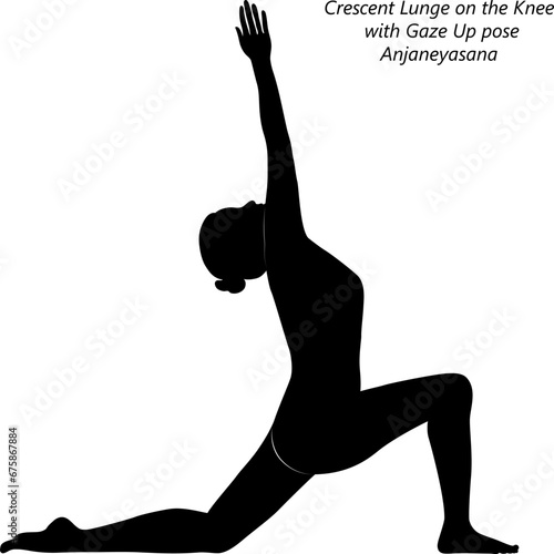 Silhouette of woman doing yoga Anjaneyasana. Crescent Lunge on the Knee with Gaze Up pose. Isolated vector illustration.