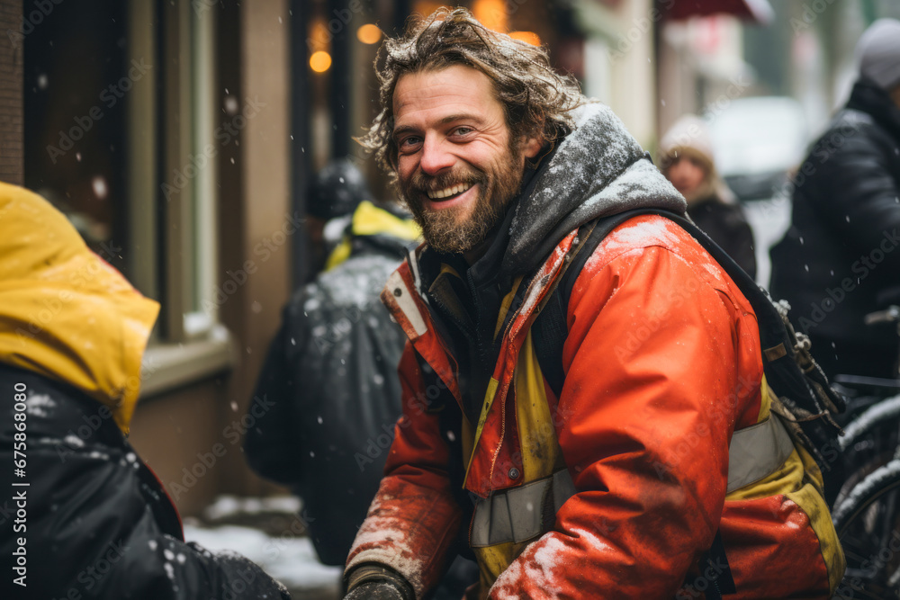 a smiling homeless man sits outside during the snowfall