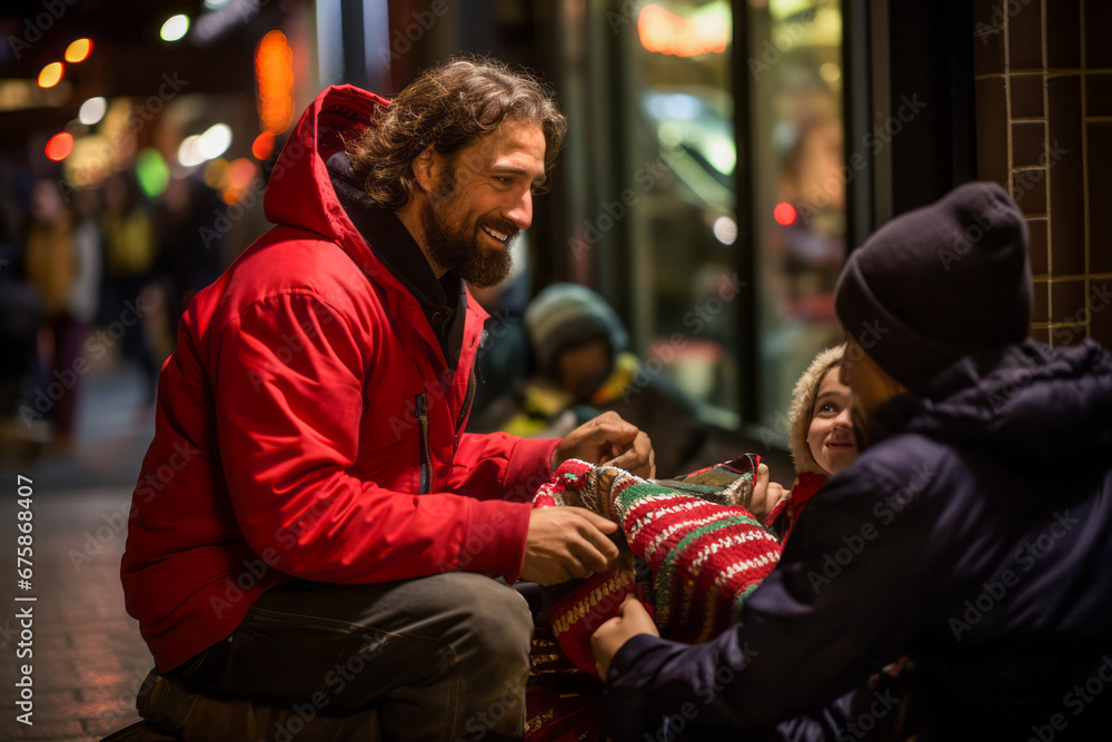 a smiling man helps a homeless woman with a child with warm things and ...