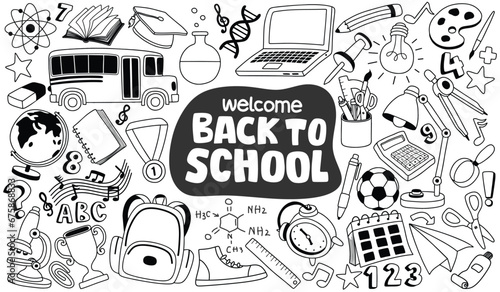 Set of back to school doodle elements isolated on white background. photo