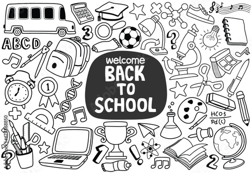 Set of back to school doodle elements isolated on white background.