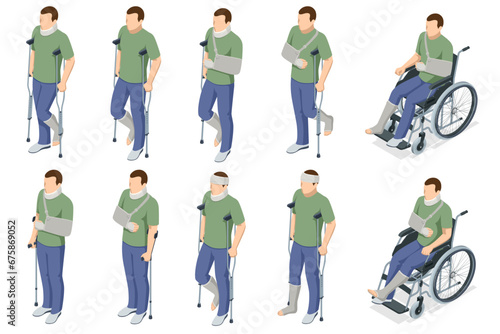 Isometric man with injury, medical treatment and fixation of broken bones, with bandage and plaster. The male character on a wheelchair. Rehabilitation, Healthcare and Medicine. Health insurance cover