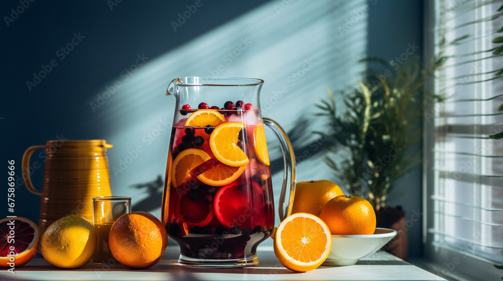 Winter orange and berry sangria with sliced oranges and blueberries. day light through window. Winter orange and berry sangria with sliced oranges and blueberries. day light through window.