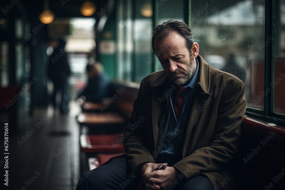 Portrait of a sad senior man sitting in a subway station. Portrait of a sad senior man sitting in a subway station.