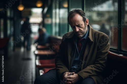 Portrait of a sad senior man sitting in a subway station.