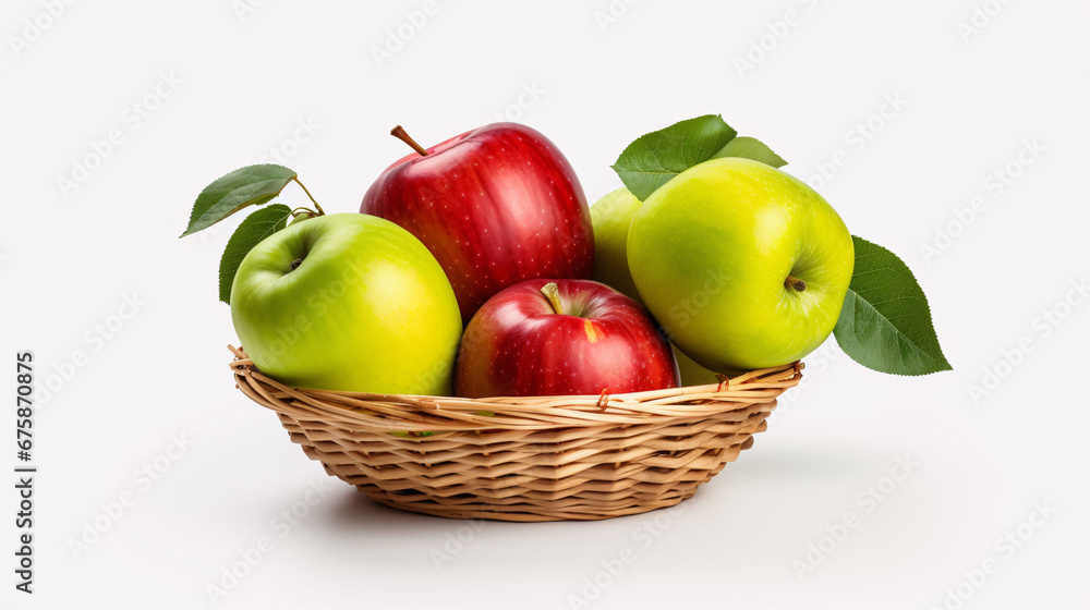 Wicker bowl of ripe juicy red green apples with leaf on white background Wicker bowl of ripe juicy red green apples with leaf on white background