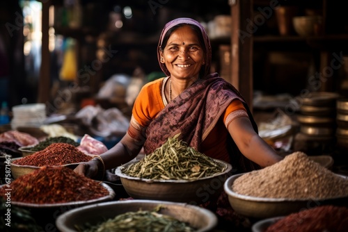 Indian woman homemaker the spices market looking at the camera. Banner photo