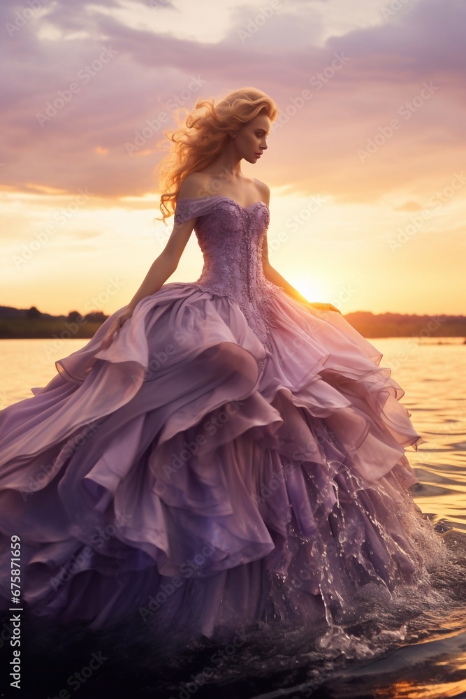 Beautiful blonde woman in pink long dress by the sea at sunset