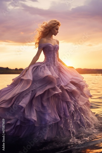 Beautiful blonde woman in pink long dress by the sea at sunset