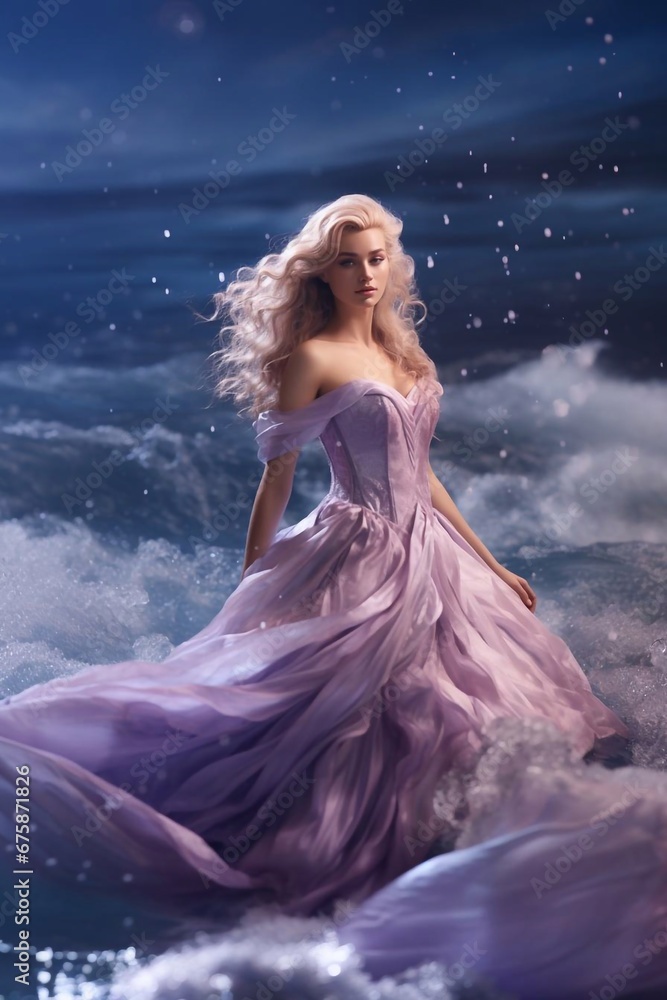 Fashion woman in long dress on the beach on sunset Fashion woman in long dress on the beach on sunset