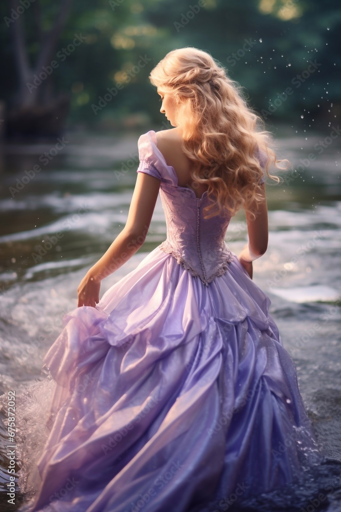 Woman in pink dress in ocean waves on sunset Woman in pink dress in ocean waves on sunset