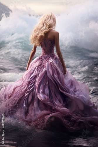 Woman in pink dress in ocean waves on sunset