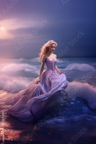 Woman in pink dress in ocean waves on sunset