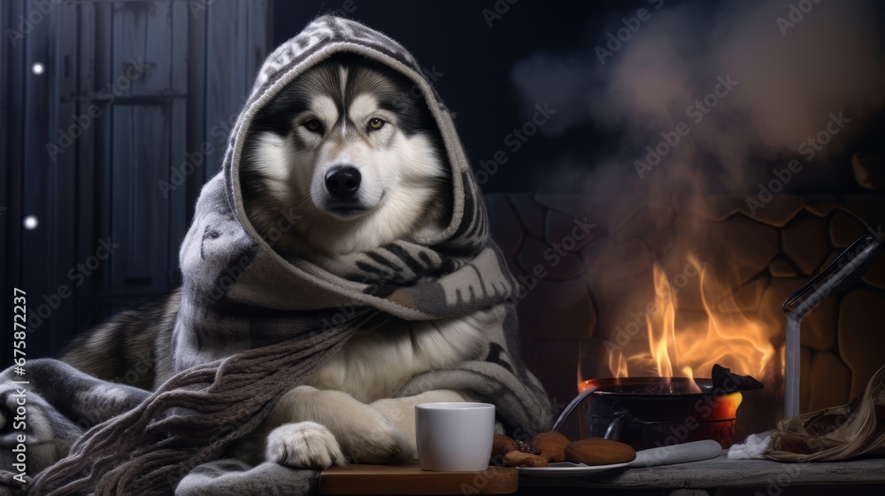 Generative AI image of a copy space banner of a cute Alaskan Malamute wearing a winter hat and a scarf sitting close to a fireplace at a winter night and a cup of hot smoking coffee beside him in fron