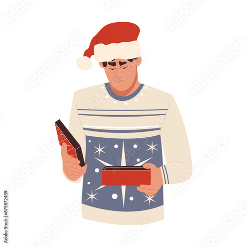 Upset man in red Santa hat with opened gift box. Unhappy person with negative facial expression from received present. Bad Christmas gifts concept. Vector illustration isolated on white background photo