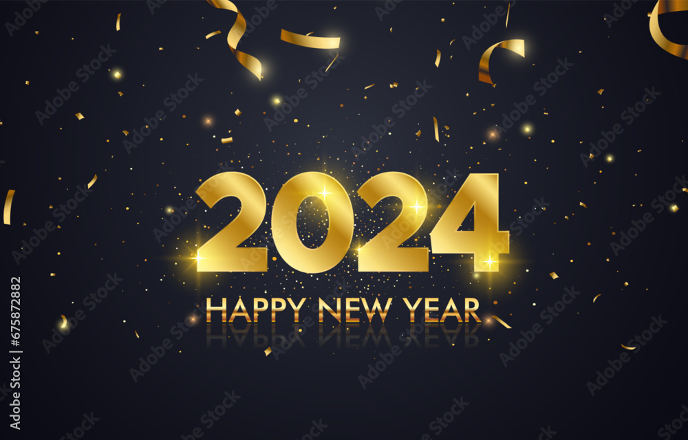 beautiful luxury happy new year 2024 with shiny golden and black background design