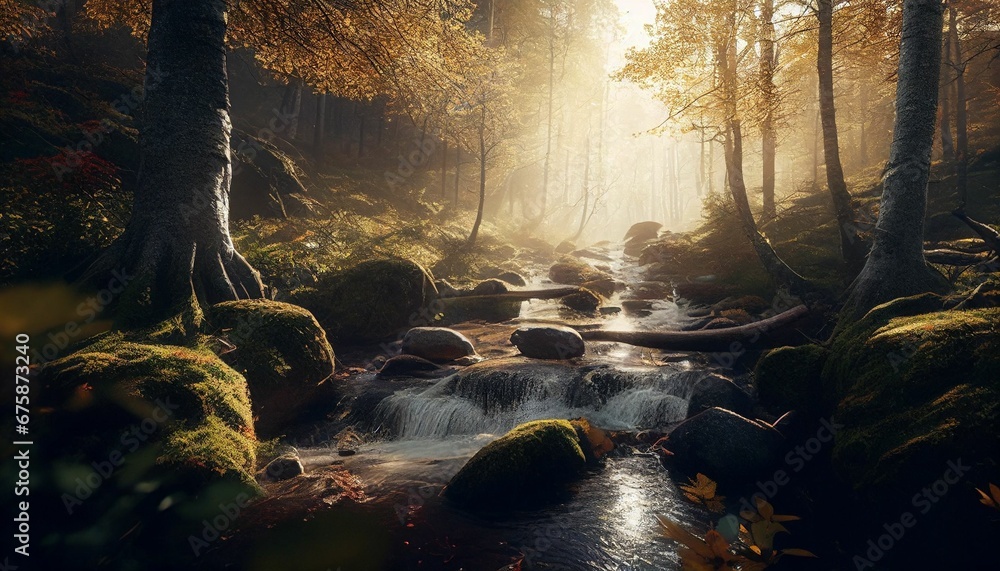 AI generated illustration of a creek flowing through an illuminated fall landscape AI generated illustration of a creek flowing through an illuminated fall landscape