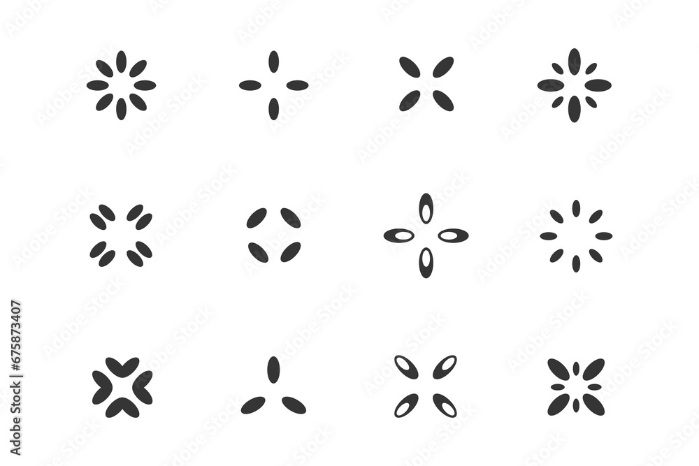 Set of 12 geometric shape - stars, rhombus, flower bud, clover, four-leaf flower. Modern linear design sign.