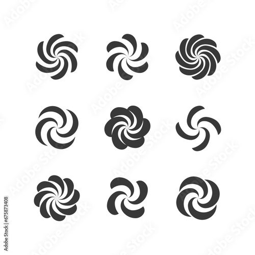 Design element with fibonacci spiral. Swirl element. Set of 9 geometric shape. Modern linear design emblem.