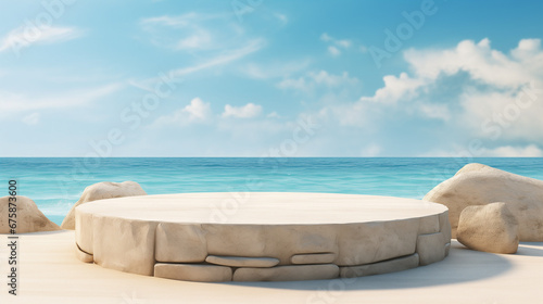 Stone podium with summer background of tropical sea and sand. Banner template for promotion. Design product placement display.