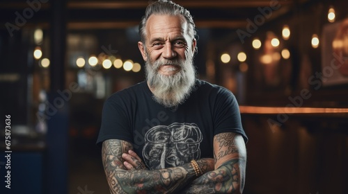 A handsome, bearded, tattooed elderly man stands smiling and looks at the camera. Freelance designer