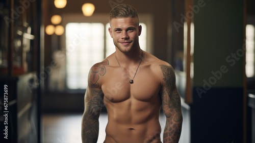 A handsome young man with tattoos on his body stands smiling looking at the camera. Freelance designer photo