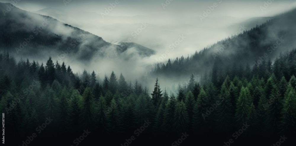 Generative AI image of a forest covered with fog, and trees near it, in the style of dark gray and emerald, retro filters, mountainous vistas, forestpunk, nature-inspired