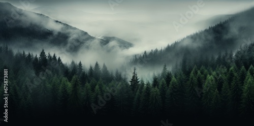 Generative AI image of a forest covered with fog, and trees near it, in the style of dark gray and emerald, retro filters, mountainous vistas, forestpunk, nature-inspired © Eitan Baron
