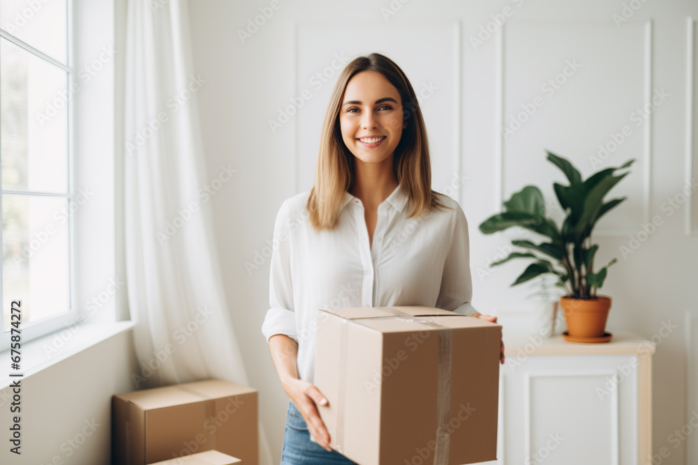 Happy Woman Unpacking Boxes and Settling Into New Home Happy Woman Unpacking Boxes and Settling Into New Home