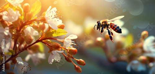 Bees working on a bright sunny day with beautiful bokeh Beautiful colorful summer spring natural flower background.  © Muhammad