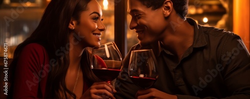 Generative AI image of A romantic close-up portrait of a couple sharing a moment while enjoying a glass of red wine.