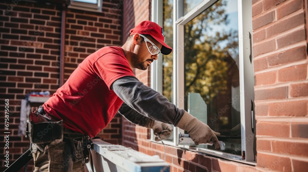 a professional worker installing a new aluminum window in a house with red bricks