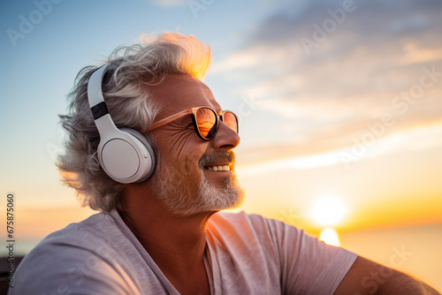 A portrait of a happy retired male elder, wearing sunglasses and modern headphones, is listening to a music song at sunrise morning time. Generative AI.