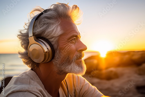 A portrait of a happy retired male elder, wearing sunglasses and modern headphones, is listening to a music song at sunrise morning time. Generative AI. photo