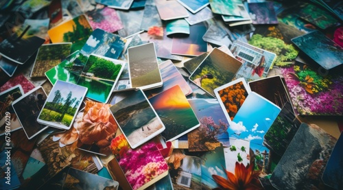 Generative AI image of an array of colorful pictures of different subjects, in the style of instant film, lush landscape backgrounds © Eitan Baron