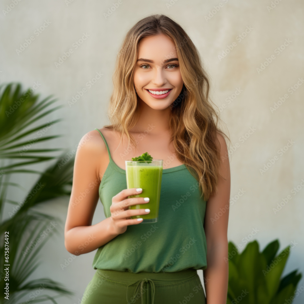 Happy young woman drinking green smoothie Happy young woman drinking green smoothie