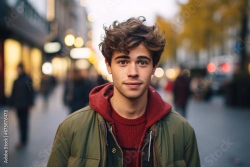 Young handsome man with curly hair in the streets of Paris, France