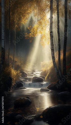 AI generated illustration of a stream flowing through a glowing fantasy fall landscape