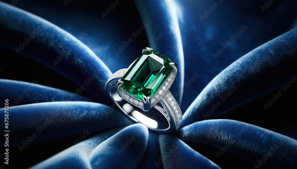 Close-up of an opulent emerald engagement ring set against deep blue satin fabric - obrazy, fototapety, plakaty 