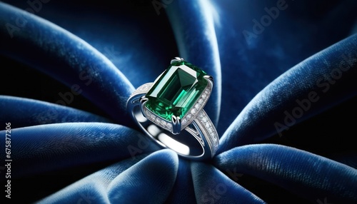 Close-up of an opulent emerald engagement ring set against deep blue satin fabric