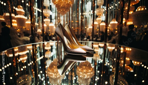 A pair of high-heeled shoes suspended in a room of mirrors, creating an infinite reflection photo