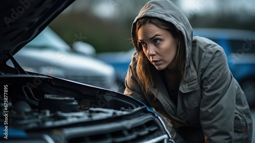 A woman whose car broke down looked worried standing on the road looking at the hood of the car photo