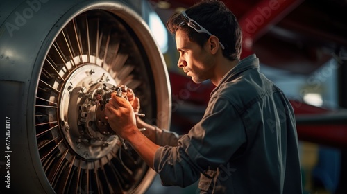 Airplane mechanic TS WS works to inspect airplane propellers in the hangar