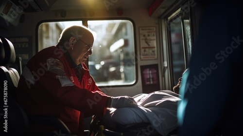 Elderly caregiver pushes wheelchair into ambulance photo