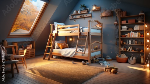 The children's bedroom has a cute, simple bunk bed. Stair safety railing design for upper bunk bed and a comfortable space below for playing or storing. Focusing on space-saving but comfortable design photo