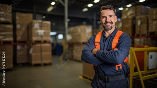 An engineer wearing PPE stands with his arms crossed and smiling looking at the camera in a warehouse with a shipping container in the background.