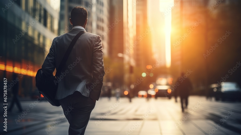 Blurry businessman Walking in the morning light in the city Blurry businessman Walking in the morning light in the city